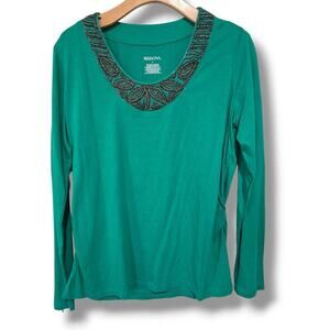 Merona Women’s Green Long Sleeve Blouse with Beaded Scoop Neckline – Size Large